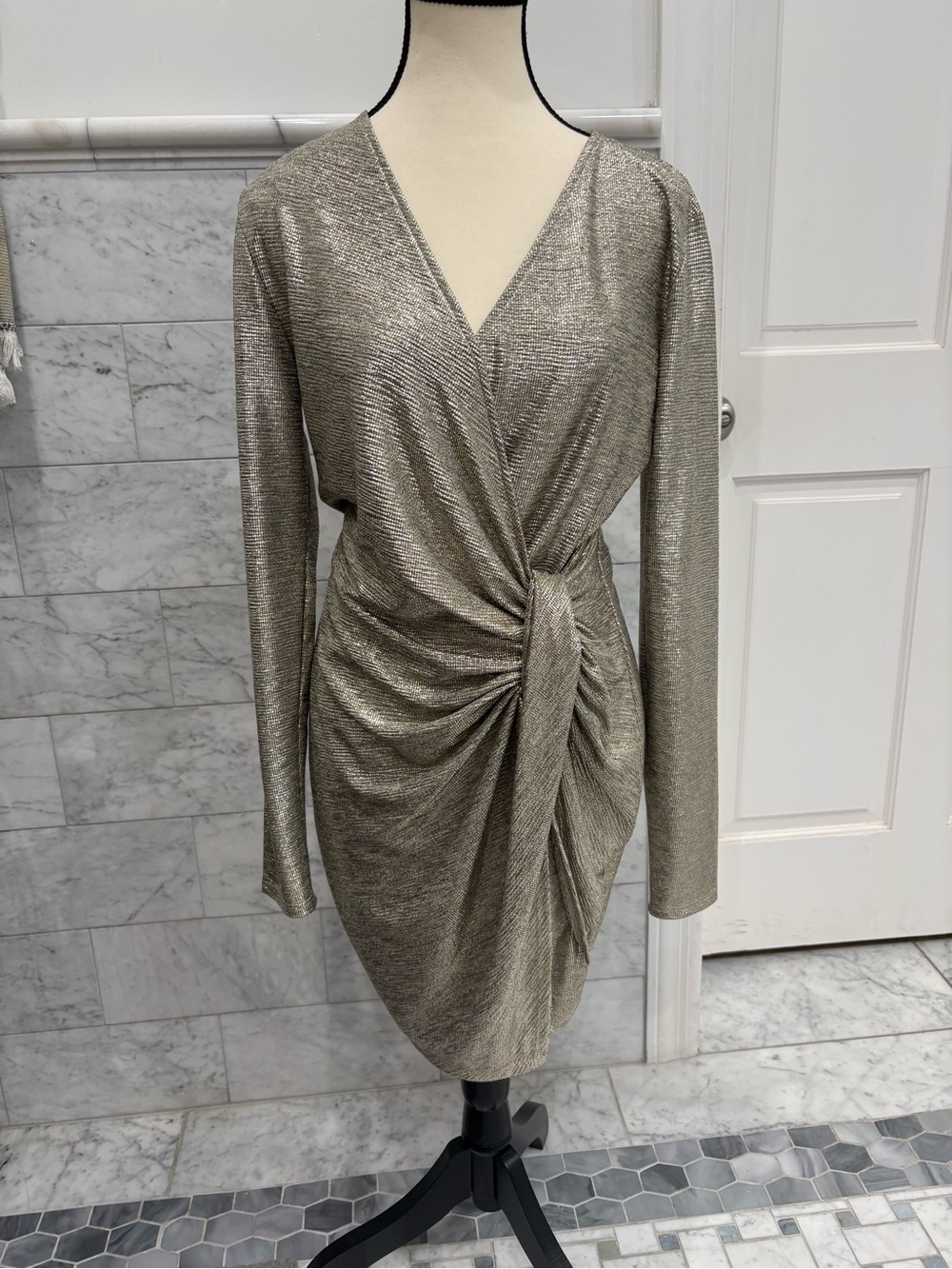 Vici Metallic Twist-Detail Long Sleeve Dress - Gold